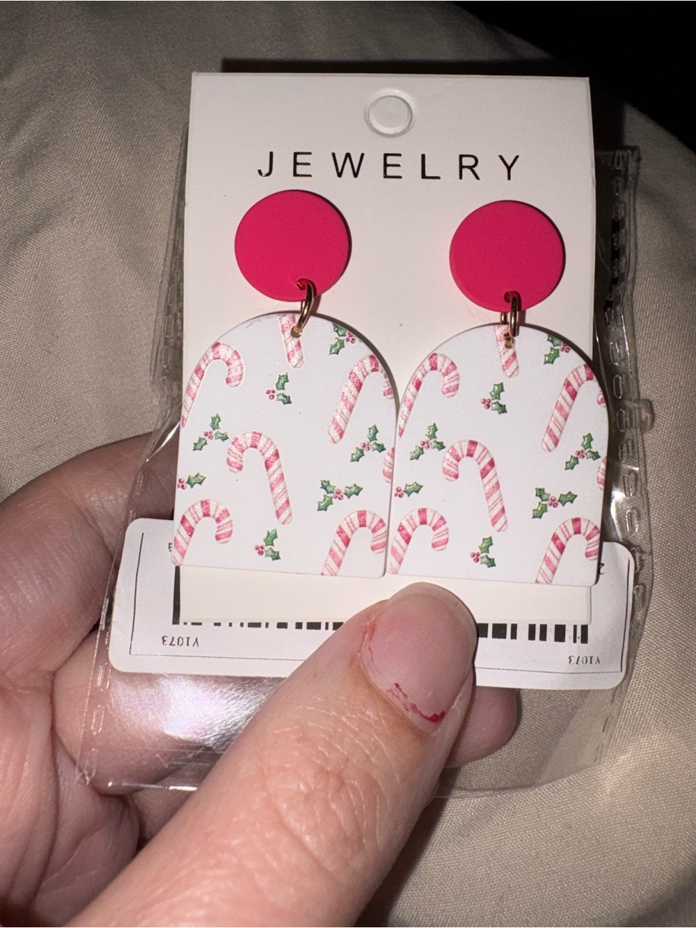 Holiday Candy Cane Dangle Earrings - Pink & White